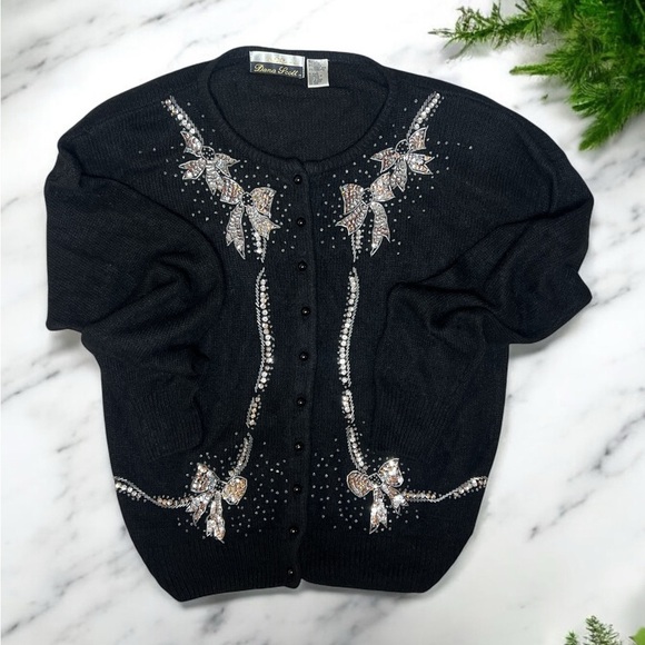 Vintage Dana Scott Lambswool Angora Sequined Button Down Cardigan Bow Sweater - Picture 3 of 11